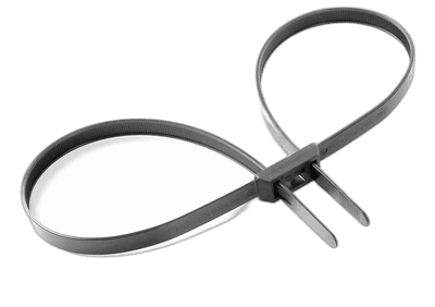 Plastic tie wraps designed to be used as restraining devices (e.g., flex cuffs)